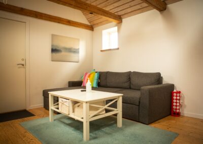 Hyggelig stue med sofa og kunst på væggen i HabitusHuset Kobberøvej.